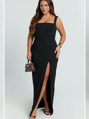 NWT Showpo Black Square-Neck Maxi Dress with Front Thigh Slit size 14